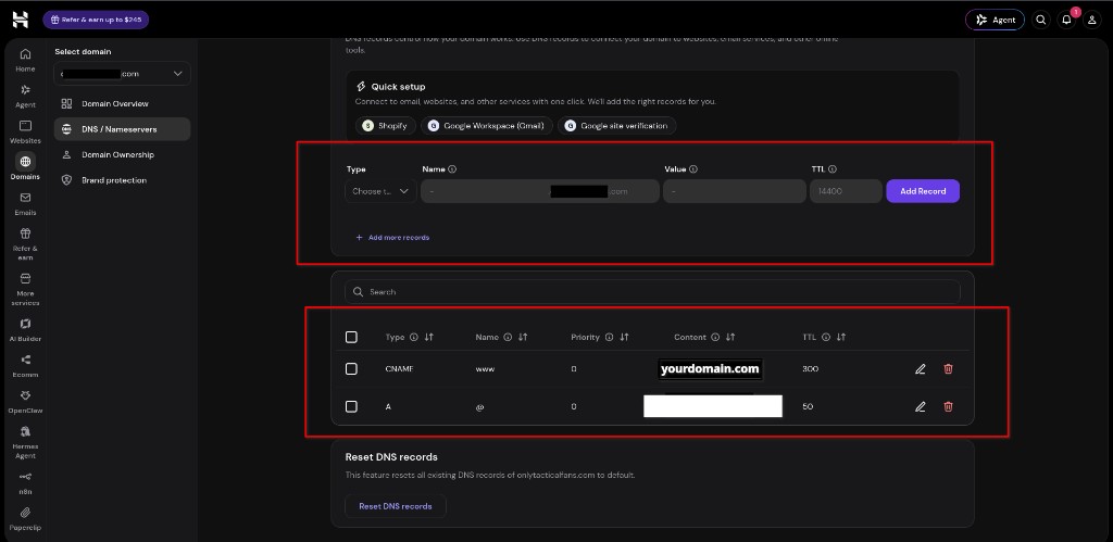 Hostinger DNS / Nameservers — Add Record form and DNS records table