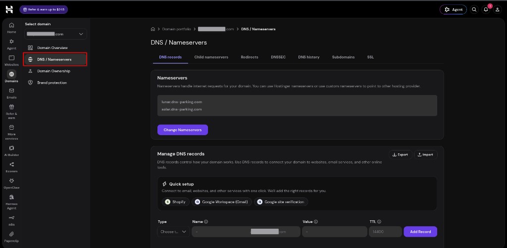Hostinger Domains — DNS / Nameservers selected in the sidebar